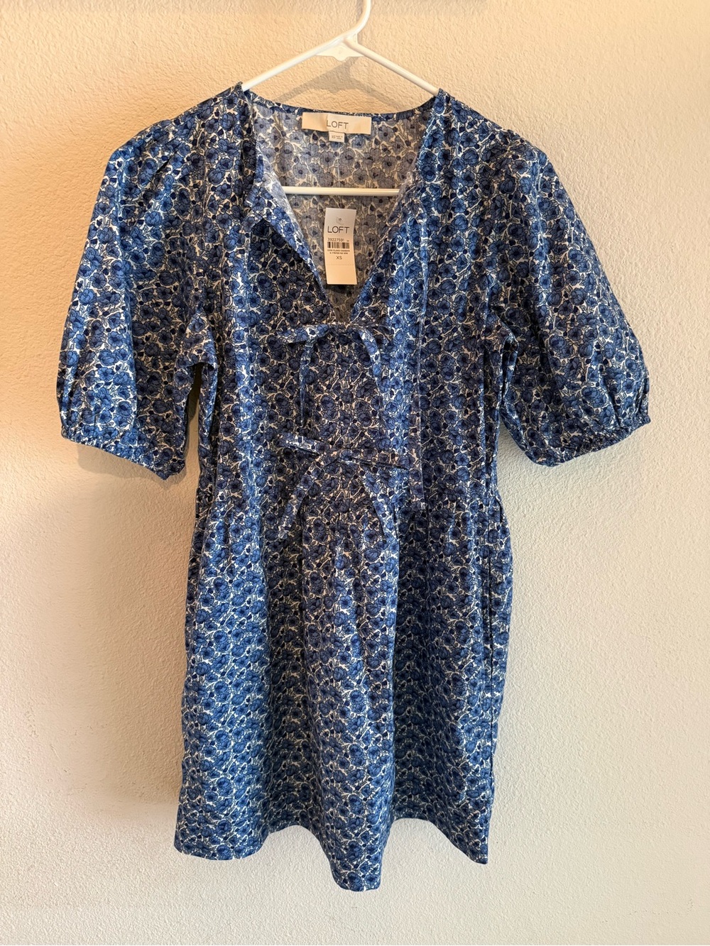 LOFT Blue Floral Tie-Front Short Sleeve Dress